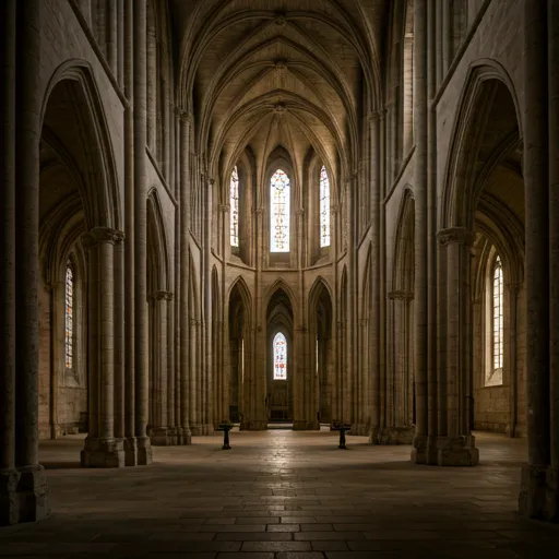 Ancient stone cathedral interior with atmospheric light